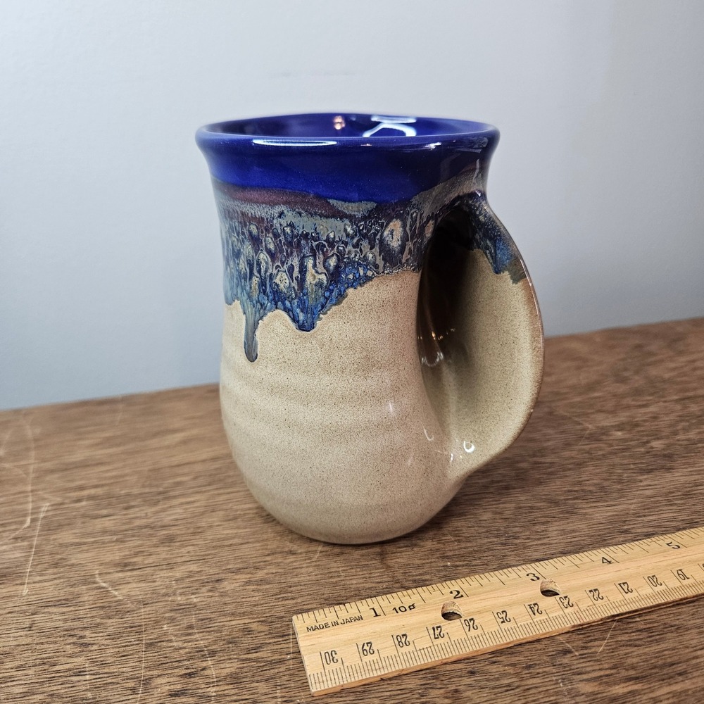 Neher 2018 Studio Pottery Hand Warmer Mug Blue Tan Drip Glaze Right Handed